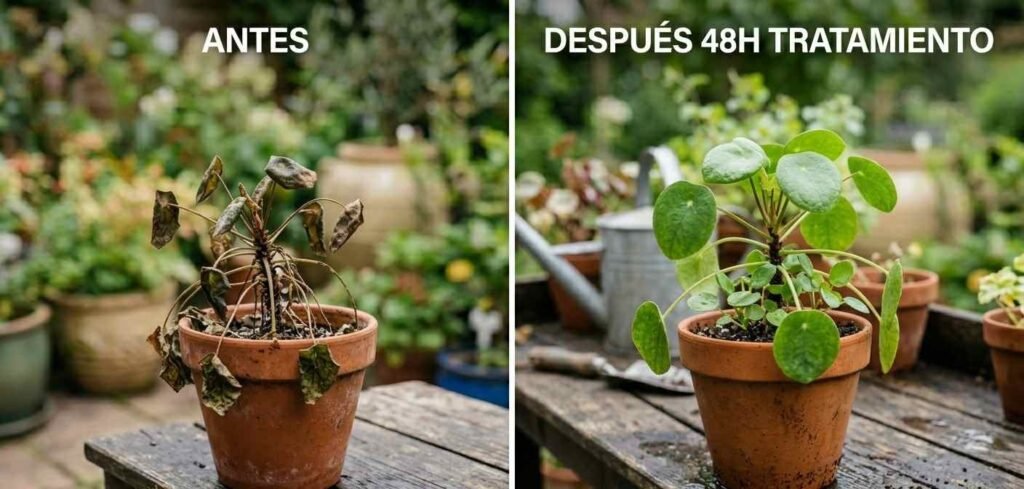 Antes y después de revivir una planta seca