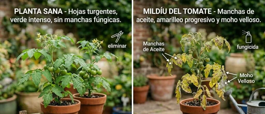 Comparativa de mildiu en tomates hojas sanas vs hojas con manchas de aceite