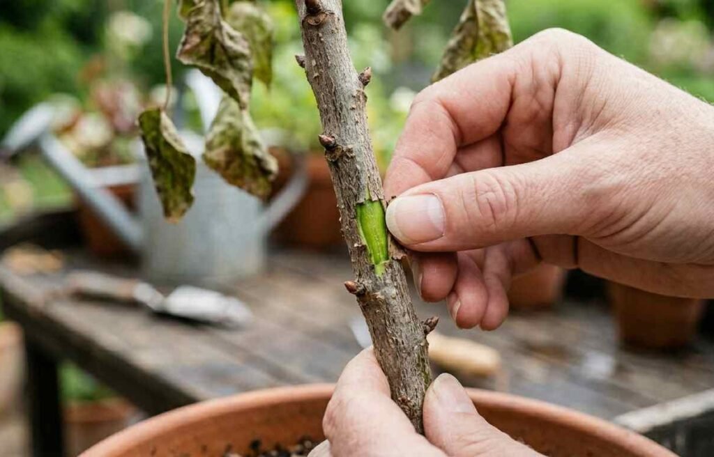 Prueba del raspado para verificar si una planta está viva.