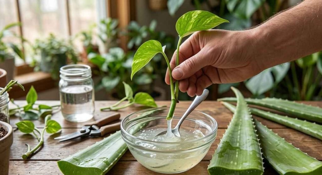 Aplicación directa de gel de aloe vera como enraizante natural