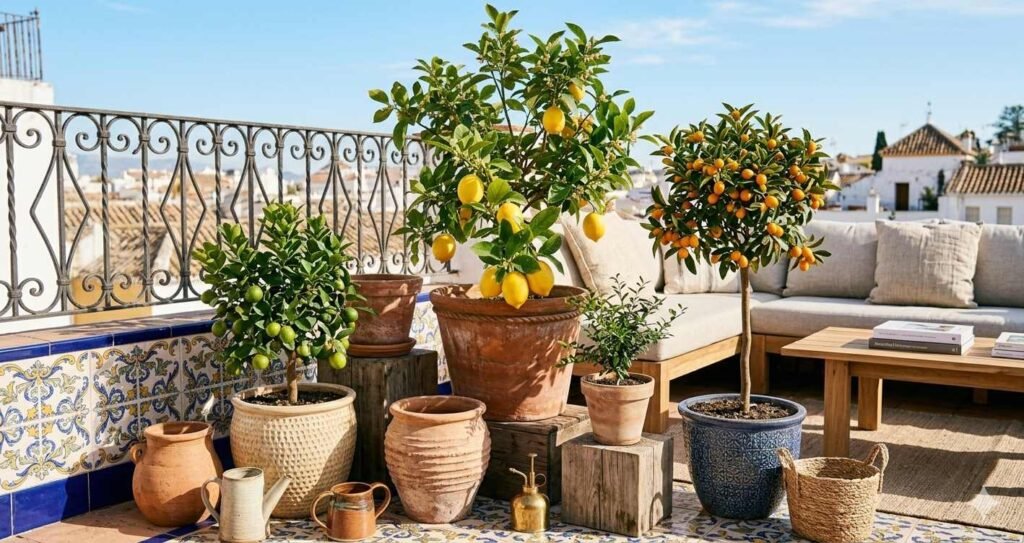 Composición decorativa de varios árboles cítricos en macetas en una terraza moderna.