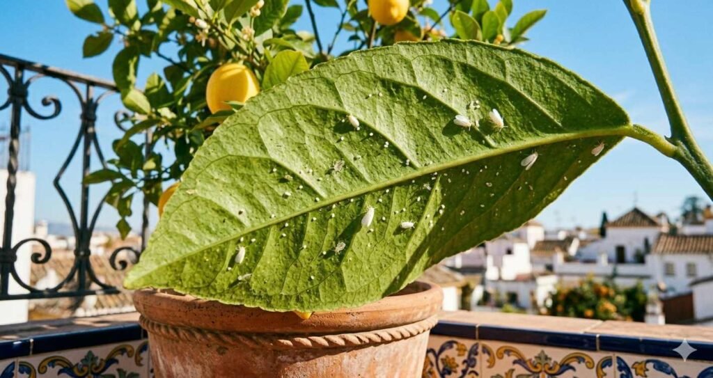 Detalle de infestación inicial de mosca blanca en el envés de una hoja de cítrico