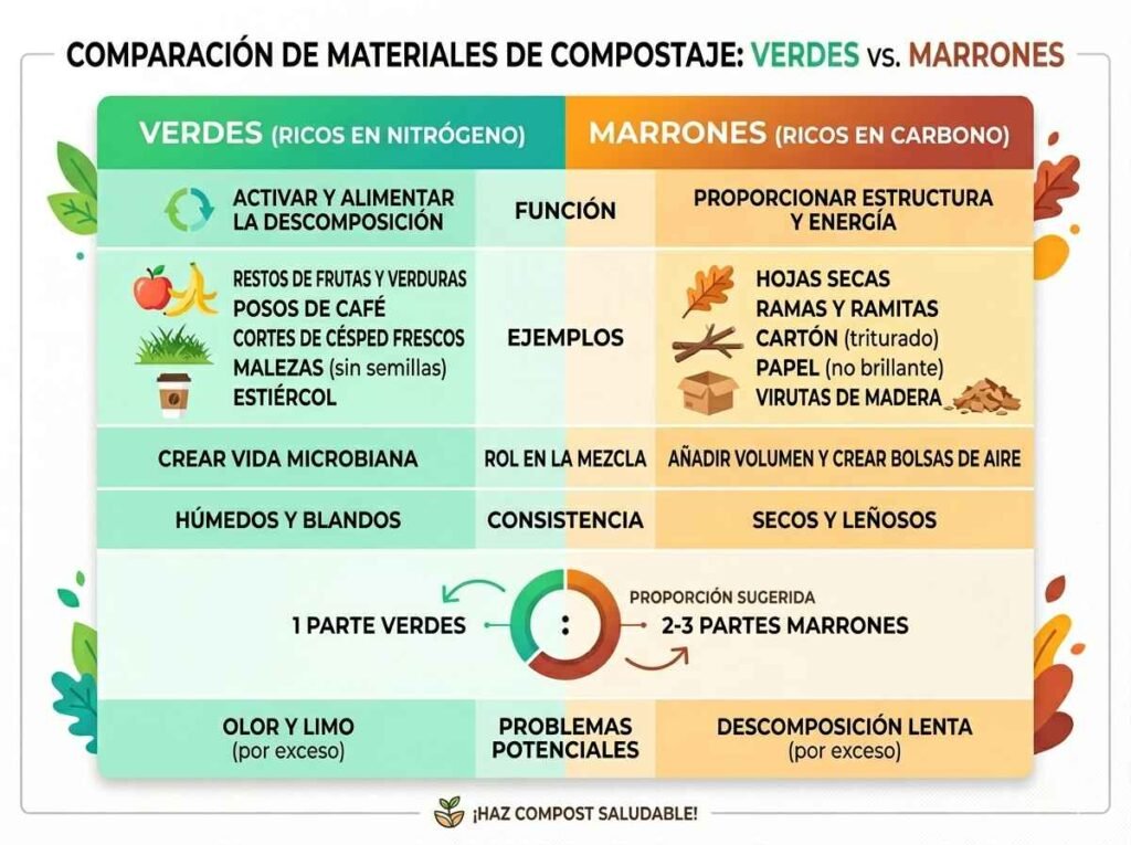 Infografía de materiales verdes y marrones para el equilibrio CN del compost