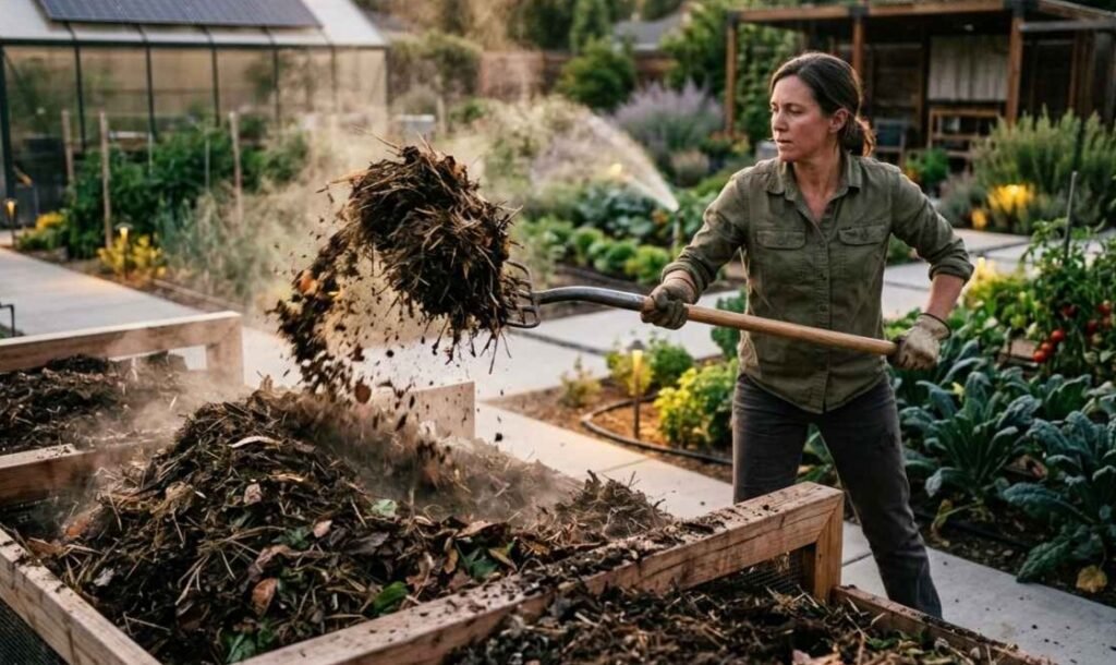 Jardinero profesional realizando el volteo de una pila de compost Berkeley