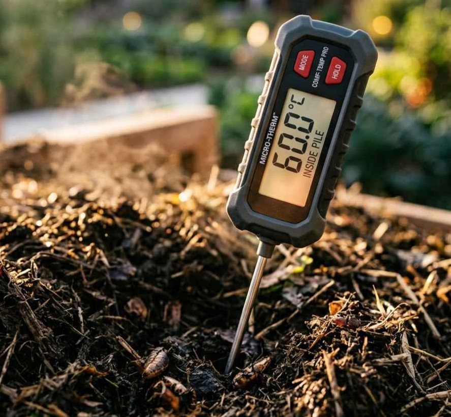 Termómetro digital midiendo la temperatura óptima del compost rápido