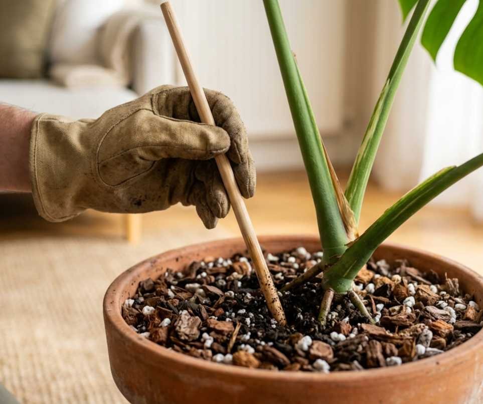 Comprobación de la humedad del sustrato de una Monstera mediante un palito de madera