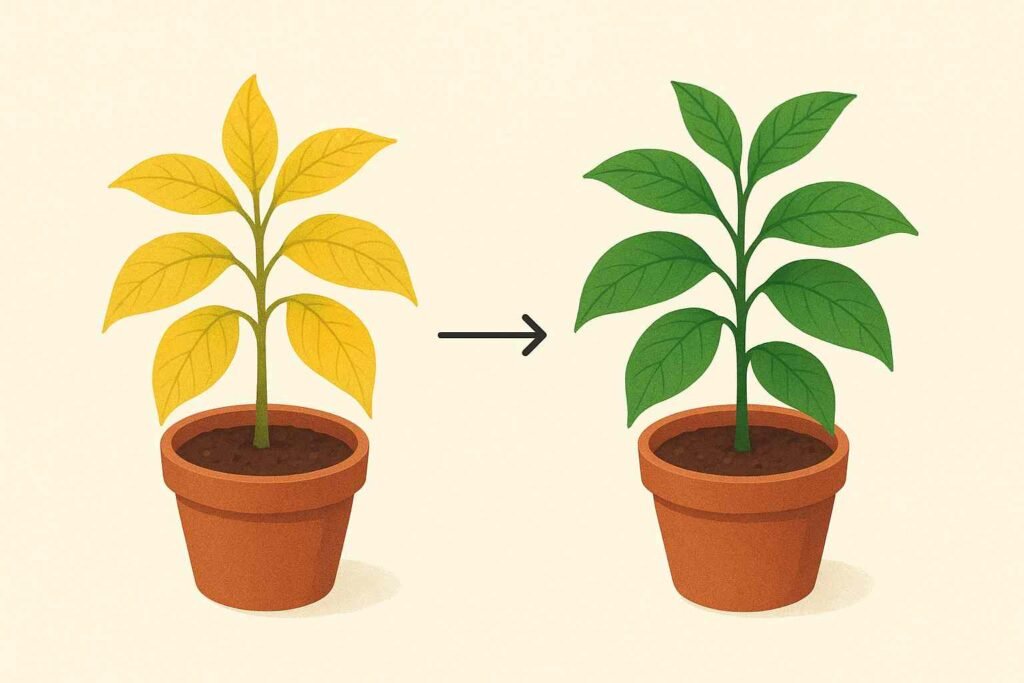 Recuperación plantas con hojas amarillas antes y después tratamiento correcto