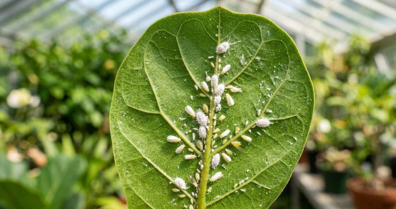 Bichos blancos en el envés de una hoja de planta de interior, incluyendo cochinilla algodonosa, mosca blanca y pulgón blanco.
