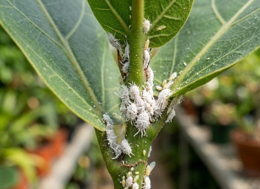 Cochinilla algodonosa formando masas blancas en el tallo y las uniones de una planta suculenta