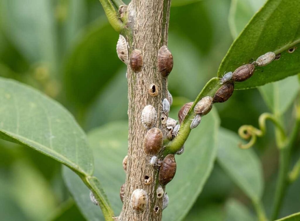 Cochinilla escudo adherida al tallo de una planta cítrica con apariencia de pequeñas escamas.