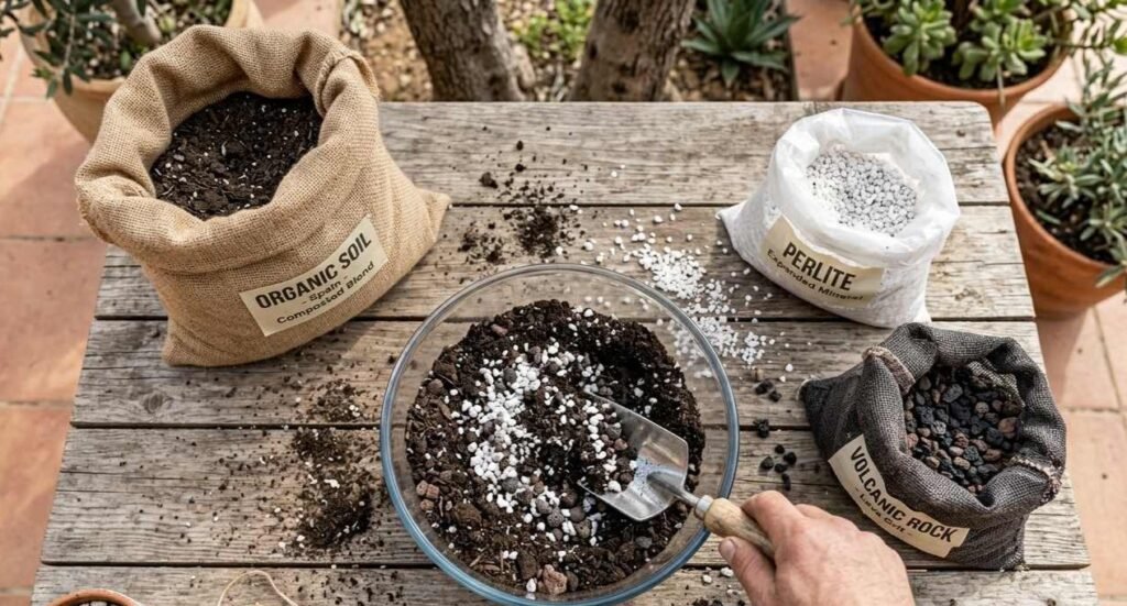 Mezcla de sustrato drenante con perlita y greda volcánica