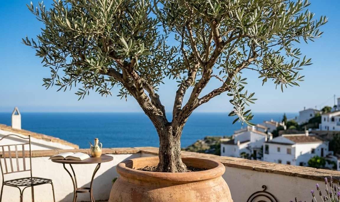Olivo en maceta de barro decorando una terraza soleada.