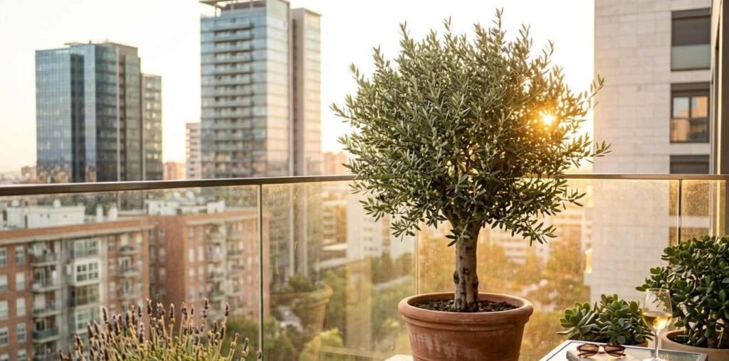 Olivo frondoso y sano en el balcón de un piso urbano