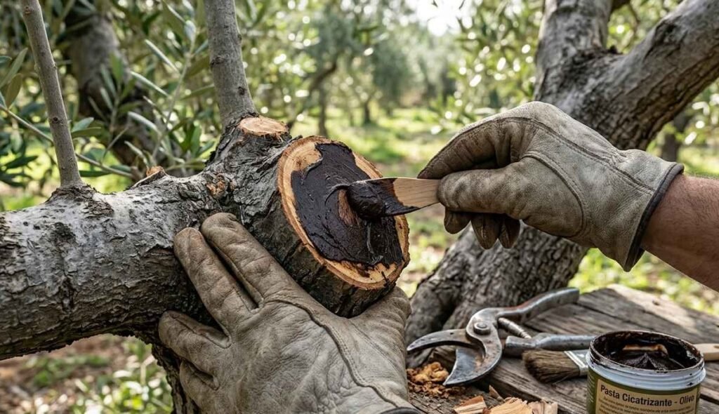 Protección de cortes de poda con pasta selladora para evitar hongos