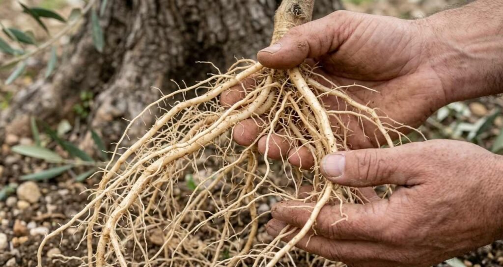 Raíces sanas de un olivo antes del trasplante