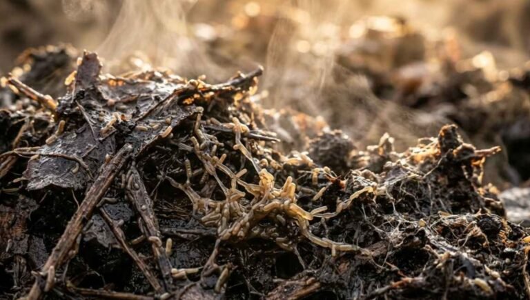 Imagen detallada de compost casero rápido en fase termofílica con vapor de calor