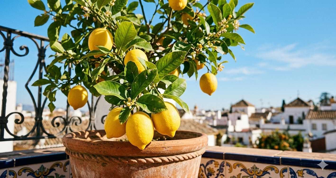 Limonero Meyer en maceta de terracota en un balcón soleado con frutos maduros